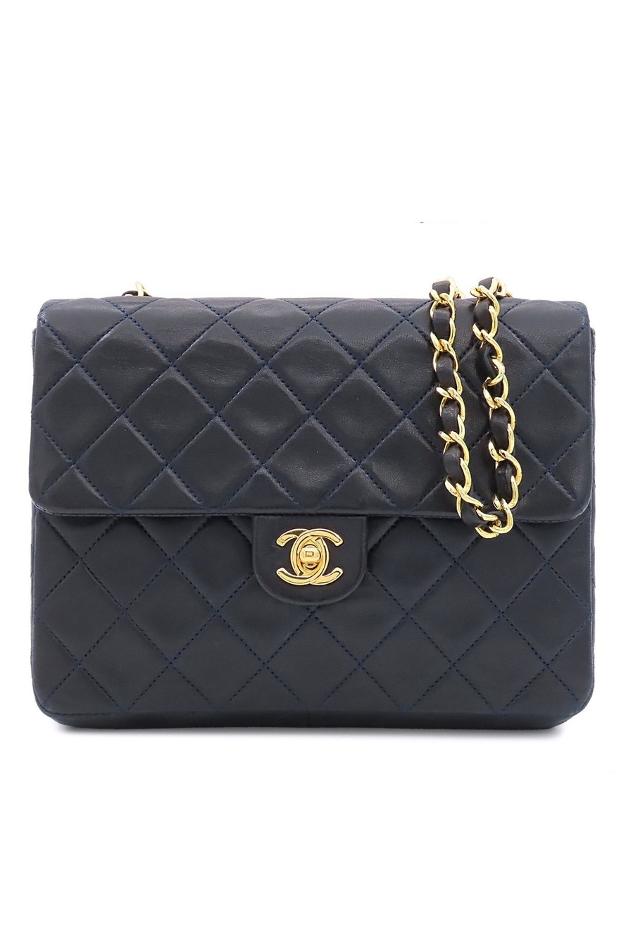 Chanel Shoulder Bag Mini Quilted 20 Single Flap Vintage Navy Gold Lambskin